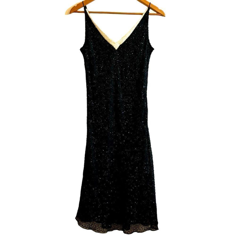 Black Sparkle Slip Midi Dress with V-Neck